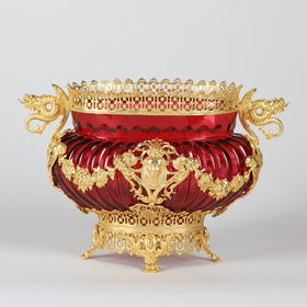 独角鹿西洋古董法国古典神话人物及飞龙铜鎏金精雕红色水晶花盆套