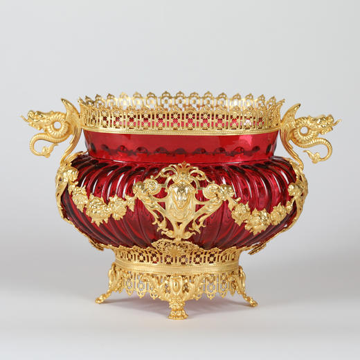 独角鹿西洋古董法国古典神话人物及飞龙铜鎏金精雕红色水晶花盆套 商品图0