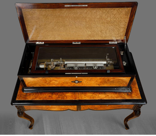 独角鹿西洋古董瑞士母贝细木镶嵌胡桃木外盒配四滚轴桌式音乐盒 商品图3