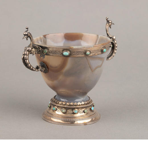 独角鹿西洋古董德国工坊神兽造型纯银嵌绿松石祖母绿双耳玛瑙杯 商品图1