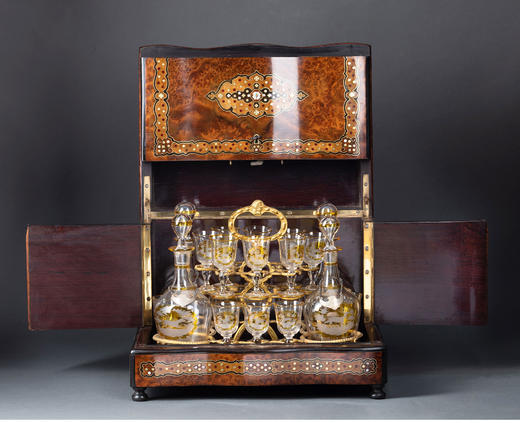 独角鹿西洋古董拿破仑三世母贝细木镶嵌烈酒箱描金水晶酒具套件 商品图1