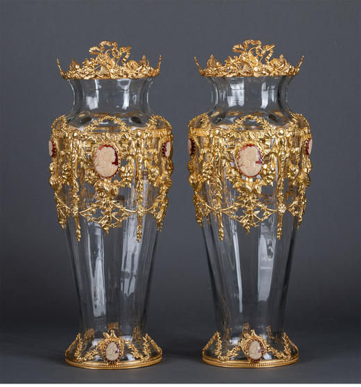 独角鹿西洋古董法国铜鎏金古典女神Cameo浮雕水晶花果盆花瓶摆件 商品图1