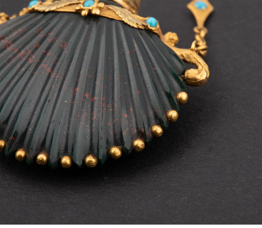 独角鹿西洋古董法国卷叶纹黄金镶绿松石贝壳型血滴石醒神盐瓶 商品图3