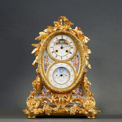 独角鹿西洋古董法国路易十五风古典天使瓷面彩绘花叶纹铜鎏金座钟 商品图0