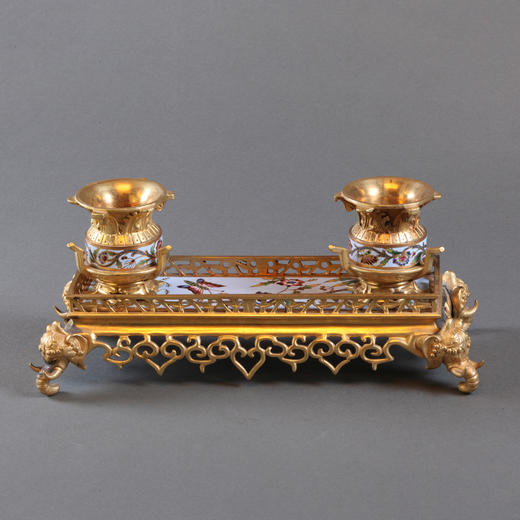 独角鹿西洋古董法国繁花蝶舞錾胎珐琅大象造型铜鎏金精雕墨水台 商品图0