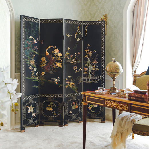 独角鹿西洋古董中国创汇时期黑漆木嵌寿山石东方花鸟主题四曲屏风 商品图0