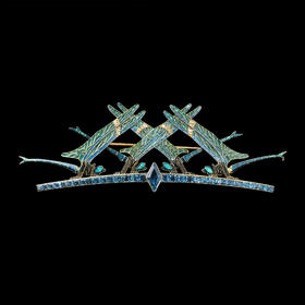 独角鹿西洋古董法国莱俪18K黄金镶空窗珐琅钻石海蓝宝石蜻蜓胸针