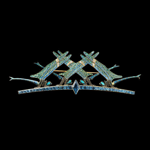 独角鹿西洋古董法国莱俪18K黄金镶空窗珐琅钻石海蓝宝石蜻蜓胸针 商品图0