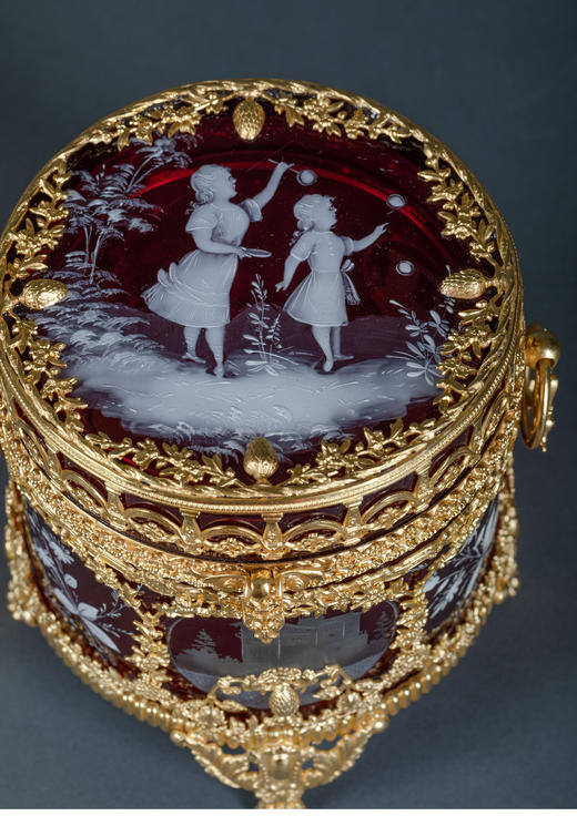 独角鹿西洋古董新艺术风格铜鎏金田园少女手绘红色水晶珍宝首饰盒 商品图4