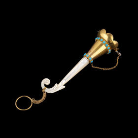 独角鹿西洋古董法国黄铜合金雕花镶绿松石花叶雕纹母贝手柄捧花棒