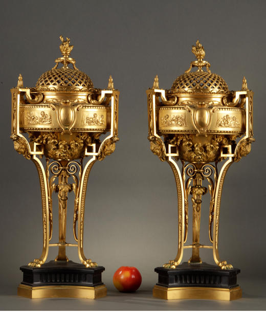 独角鹿西洋古董法国新古典主义风格铜鎏金大理石底座薰香炉一对 商品图1