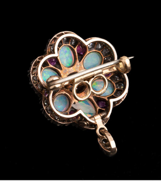 独角鹿西洋古董维多利亚时期14K金镶钻石红宝石欧泊石胸针吊坠 商品图4