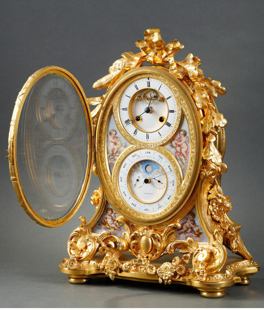 独角鹿西洋古董法国路易十五风古典天使瓷面彩绘花叶纹铜鎏金座钟 商品图2