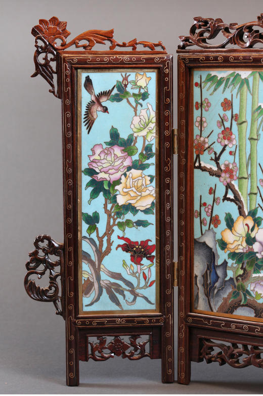 独角鹿西洋古董清代中国花叶纹镂雕木质边框掐丝珐琅三曲小桌屏 商品图3