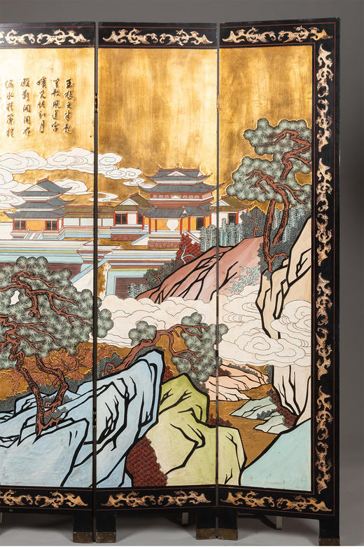 独角鹿西洋古董中国创汇时期宫阙楼宇主题金地款彩雕漆四曲屏风 商品图3