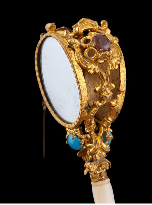 独角鹿西洋古董法国黄铜合金镂雕嵌绿松石红色琉璃母贝手柄捧花棒 商品图4