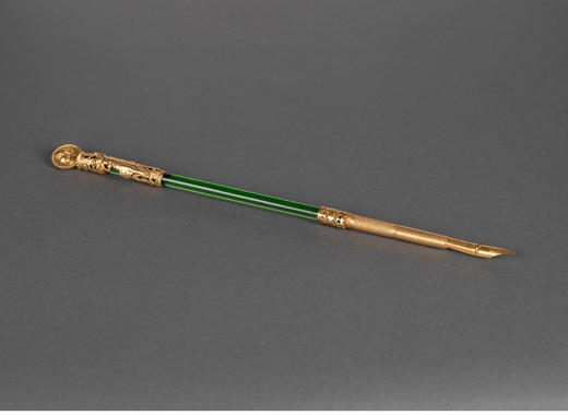 独角鹿西洋古董法国古典女子肖像铜鎏金精雕绿色水晶笔杆蘸水钢笔 商品图2