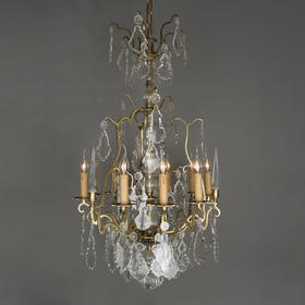 独角鹿西洋古董法国铜质支架花叶水晶流苏九枝头烛台式枝形吊灯