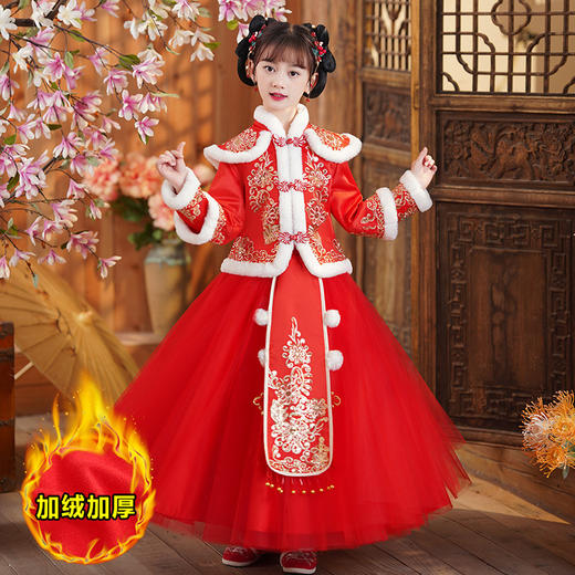 DY-8818儿童汉服女童拜年服冬季新款童装小女孩中国风唐装红色裙套装 商品图4