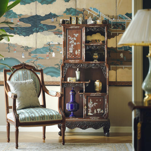 独角鹿西洋古董家具东方竹韵风景人物螺钿镶嵌镂雕漆木多宝阁 商品图1