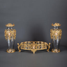 独角鹿西洋古董法国铜鎏金古典女神Cameo浮雕水晶花果盆花瓶摆件