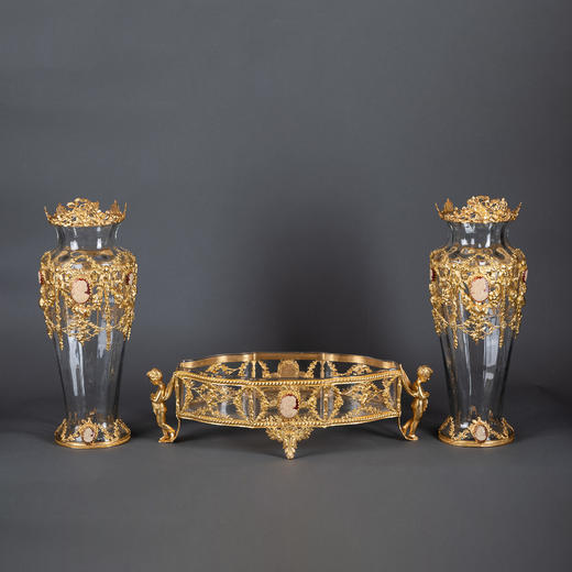 独角鹿西洋古董法国铜鎏金古典女神Cameo浮雕水晶花果盆花瓶摆件 商品图0