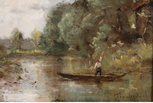 独角鹿西洋古董法国巴比松派画家风景布面油画《河上泛舟的渔民》 商品图4