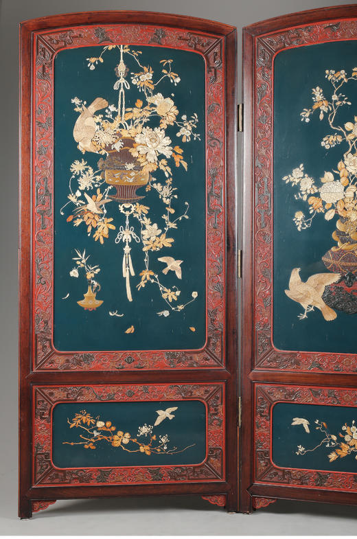 独角鹿西洋古董日本明治时剔红雕漆富贵牡丹寿菊芝山镶嵌两曲屏风 商品图2