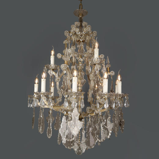 独角鹿西洋古董铜质支架花叶水晶流苏十二枝头双层烛台式枝形吊灯 商品图0