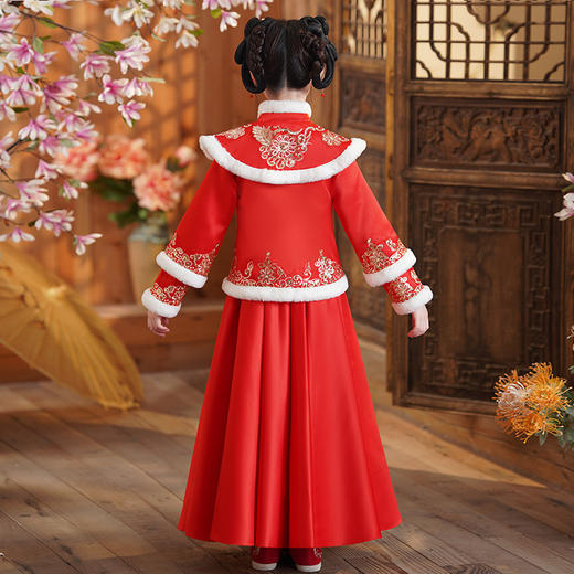 DY-8818儿童汉服女童拜年服冬季新款童装小女孩中国风唐装红色裙套装 商品图1