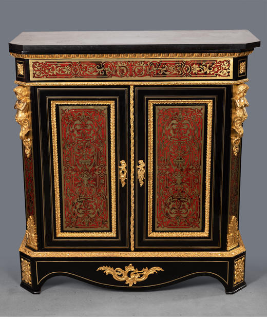 独角鹿西洋古董家具法国黑色大理石桌面铜鎏金布勒镶嵌双开门边柜 商品图1