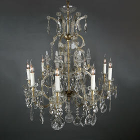 独角鹿西洋古董欧洲铜质支架花叶水晶流苏十二枝头烛台式枝形吊灯