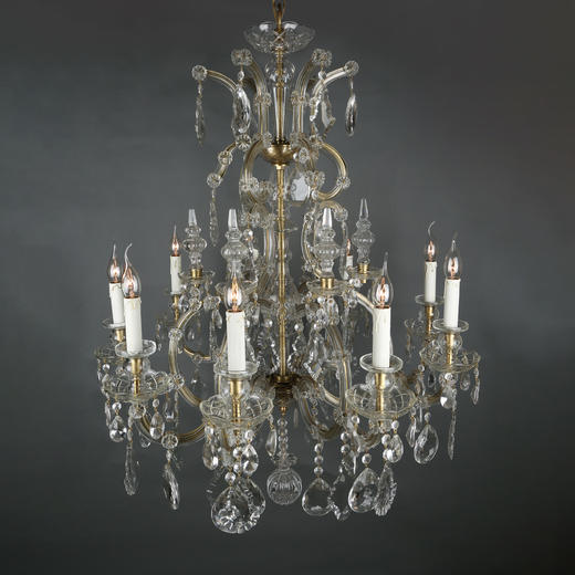 独角鹿西洋古董欧洲铜质支架花叶水晶流苏十二枝头烛台式枝形吊灯 商品图0