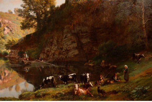 独角鹿西洋古董法国风景大型布面油画《生机勃勃的河畔风光》 商品图3