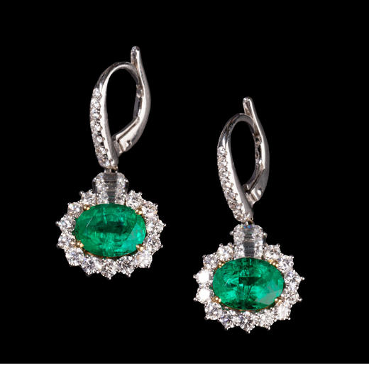 独角鹿西洋古董珠宝首饰法国18K白金镶嵌钻石及祖母绿耳坠一对 商品图2