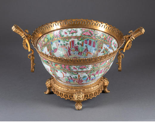 独角鹿西洋古董法国铜鎏金双耳传统园邸人物中国广彩瓷潘趣酒碗 商品图1