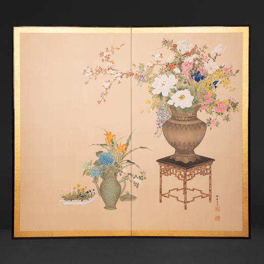 独角鹿西洋古董日本画家松峰签名富贵繁花博古纸本着色两曲屏风 商品图0