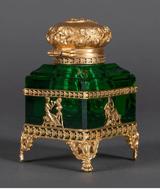 独角鹿西洋古董法国新古典主义风格缪斯女神铜鎏金绿色水晶墨水瓶 商品图2