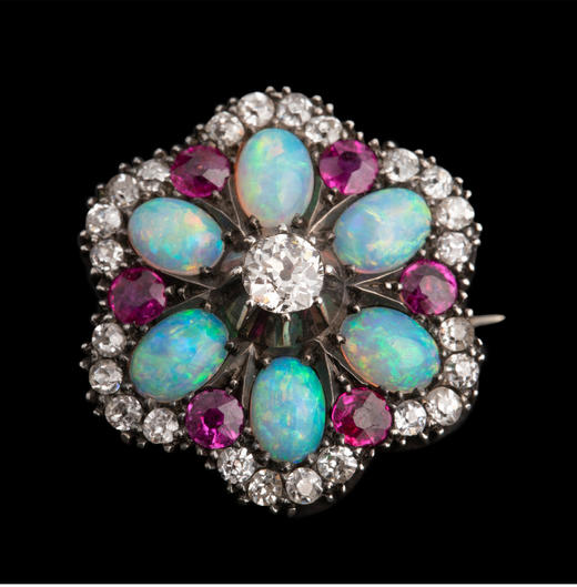 独角鹿西洋古董维多利亚时期14K金镶钻石红宝石欧泊石胸针吊坠 商品图1