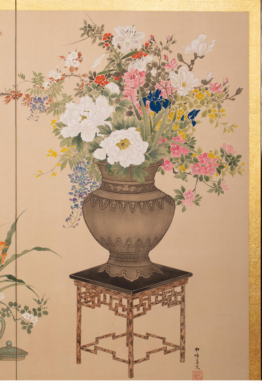 独角鹿西洋古董日本画家松峰签名富贵繁花博古纸本着色两曲屏风 商品图1