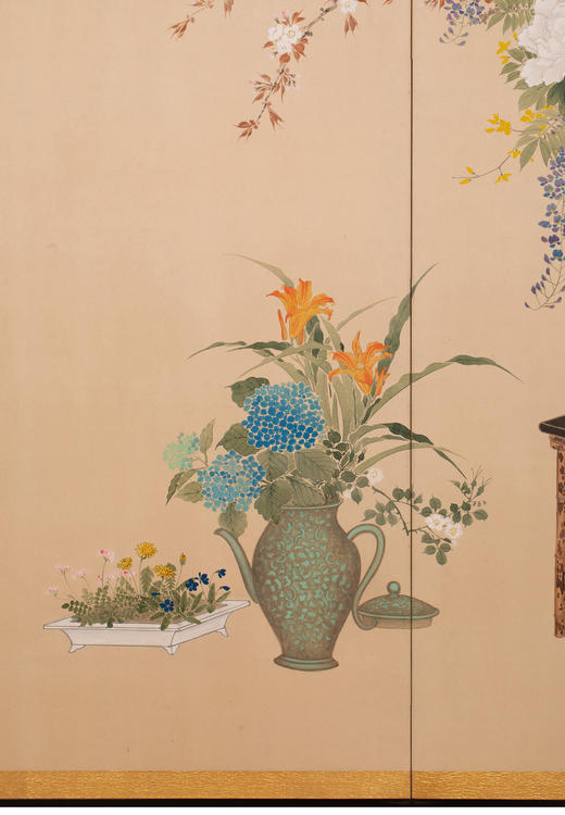 独角鹿西洋古董日本画家松峰签名富贵繁花博古纸本着色两曲屏风 商品图2