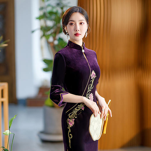 秋季七分袖新款复古旗袍丝绒修身立领长款改良礼服STF-C2170 商品图3