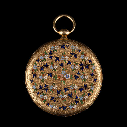 独角鹿西洋古董瑞士出品18k黄金雕嵌彩色珐琅花卉纹饰古董怀表 商品图0