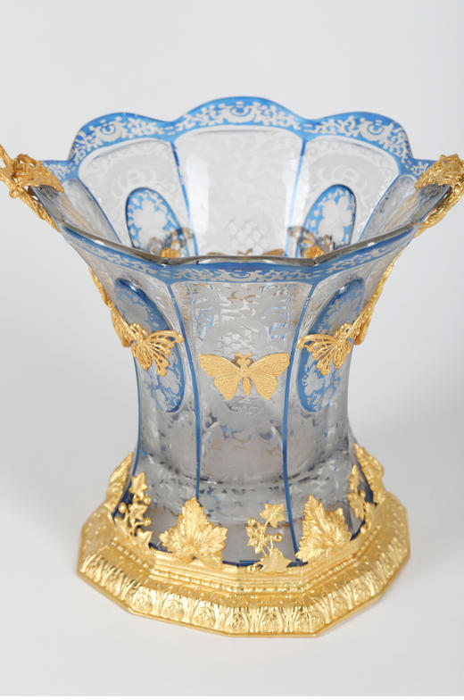 独角鹿西洋古董法国新艺术昆虫与花叶铜鎏金蓝色蚀刻花纹水晶花篮 商品图2