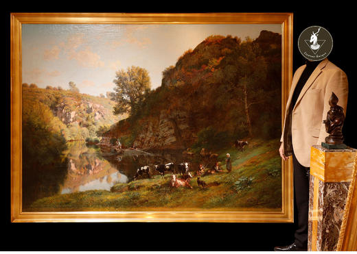 独角鹿西洋古董法国风景大型布面油画《生机勃勃的河畔风光》 商品图1