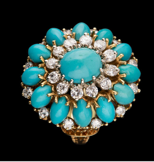 独角鹿西洋古董首饰珠宝18K黄金精雕镶嵌钻石及绿松石鸡尾酒戒指 商品图1