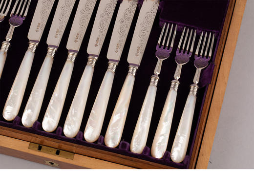 独角鹿西洋古董英国工坊Martin Hall Co母贝手柄纯银雕花餐具套件 商品图4