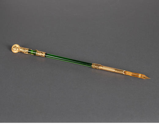 独角鹿西洋古董法国古典女子肖像铜鎏金精雕绿色水晶笔杆蘸水钢笔 商品图1