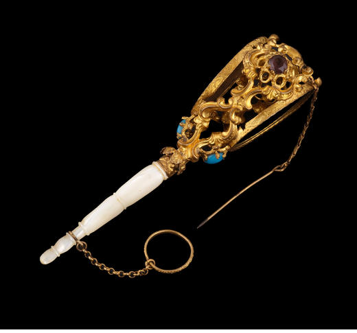 独角鹿西洋古董法国黄铜合金镂雕嵌绿松石红色琉璃母贝手柄捧花棒 商品图1