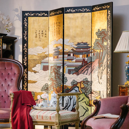 独角鹿西洋古董中国创汇时期宫阙楼宇主题金地款彩雕漆四曲屏风 商品图0